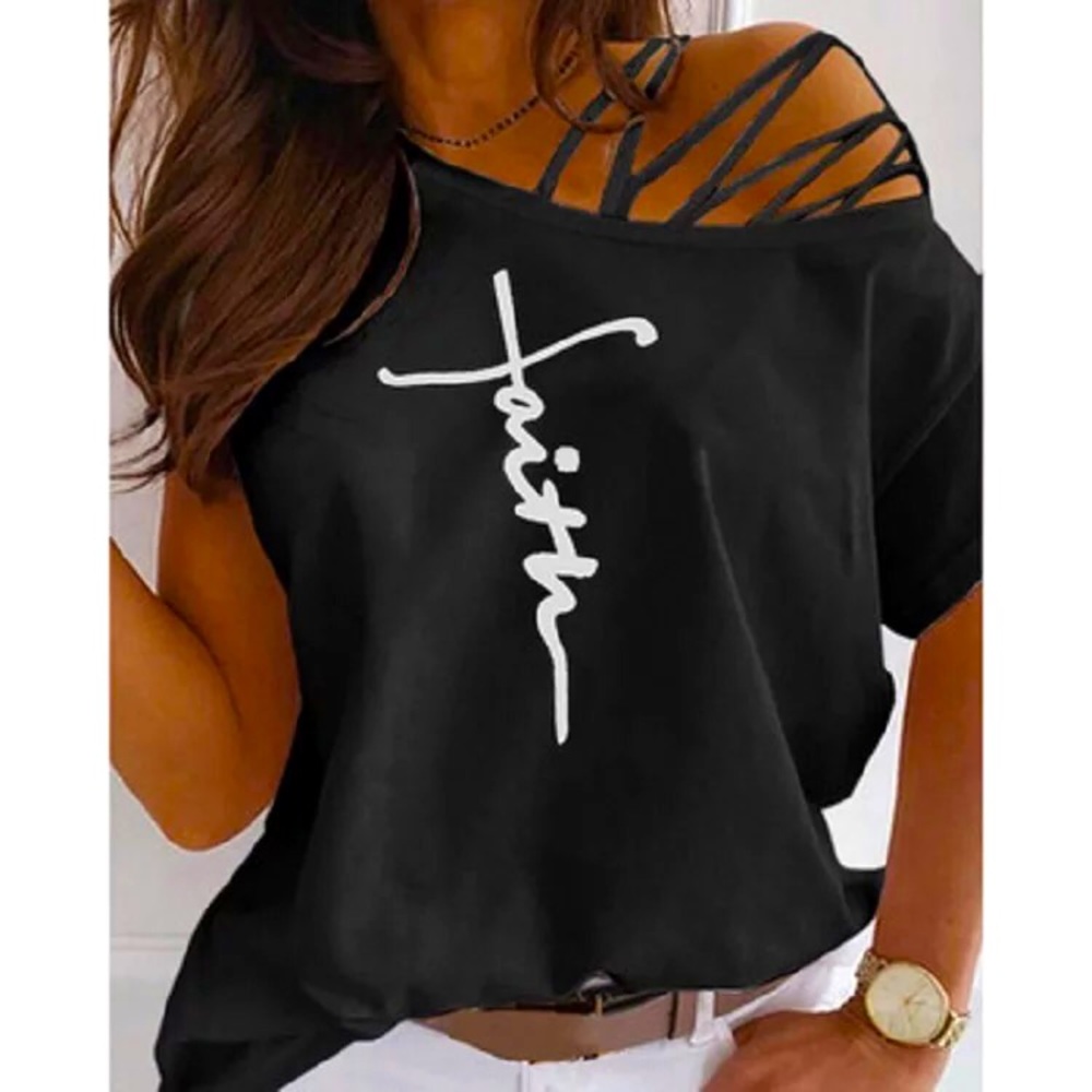 Restocking soon! Off the shoulder “Faith” shirt.
